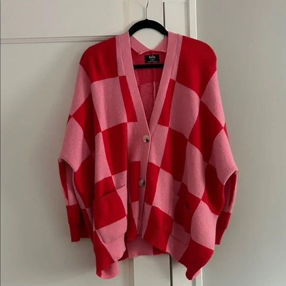 Dressed in LALA Bold Red and Pink Checkered Cardigan - Picture 1 of 1